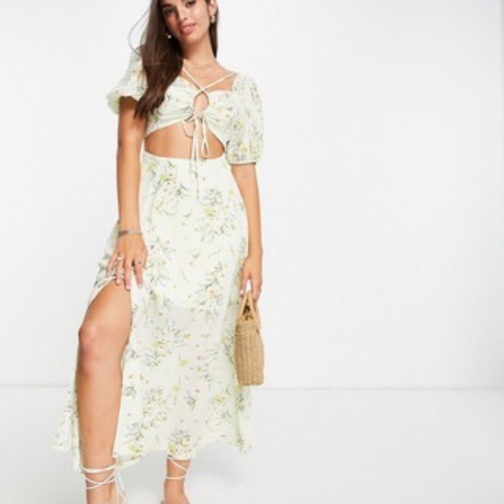 ASOS DESIGN cross front cut out midi dress in meadow floral print